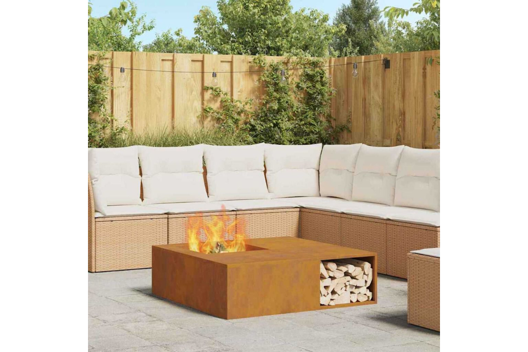 Fire Pit with Log Storage 100 x 100 x 30 cm in Rusty Brown Weathering Steel
