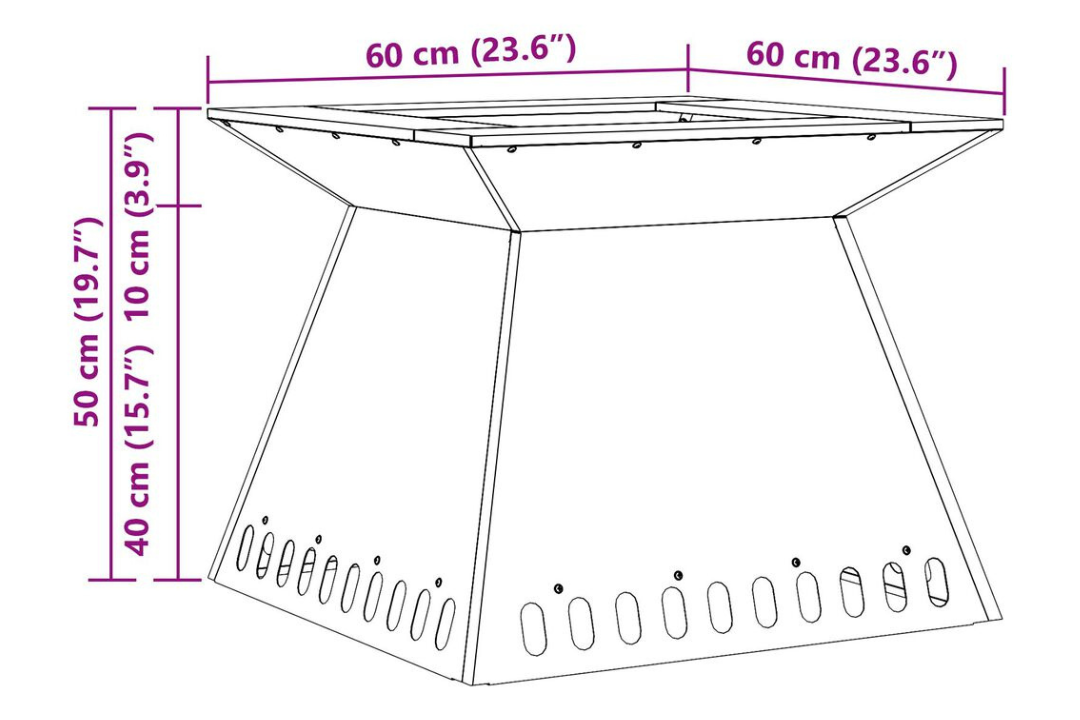 Fire Pit 60 x 60 x 50 cm in Rusty Brown Weathering Steel Specifications