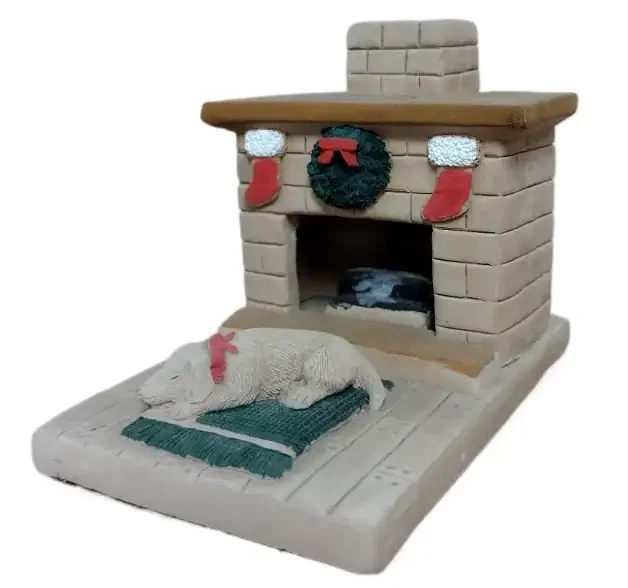 Holiday Country Hearth with Grey Puppy | Incense Burner - Side View CloseUp