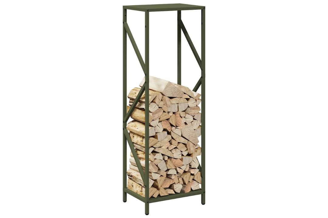 Sleek Firewood Rack 34 x 25 x 100 cm in Olive Green Made of Cold-Rolled Steel
