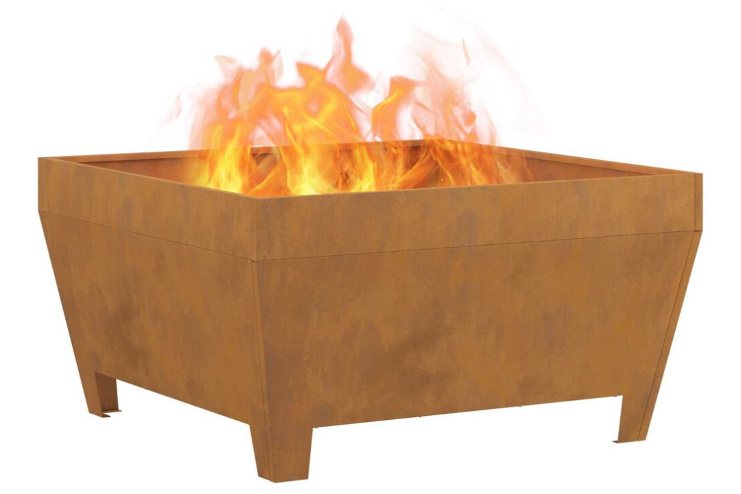 Fire Pit Square 80 x 80 x 43 cm Steel in Rusty Brown Weathering Steel with Rich Patina