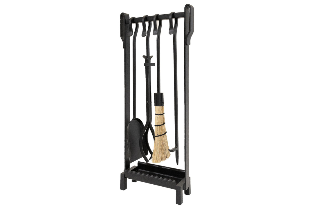 Shepherd's Hook Inline Fireplace Tool Set – Wrought Iron with Ash Pan Matte Finish