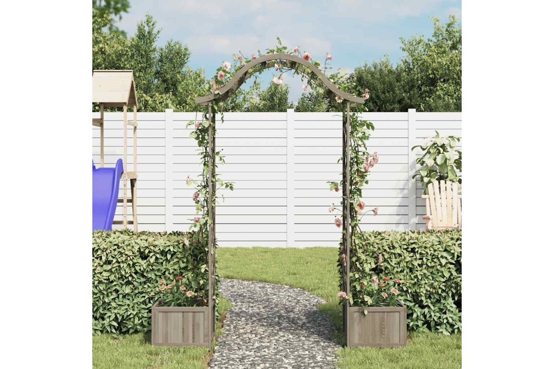 Garden Pergola with Planter – Solid Firwood Wooden Arch with Decorative Inlays in Grey