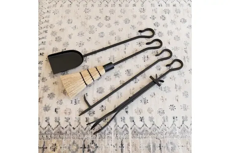 Minimalist Shepherd's Hook Inline Fireplace Tool Set – Wrought Iron with Ash Pan