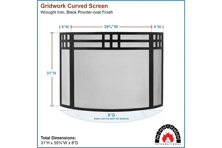 Gridwork Curved Fireplace Screen – Wrought Iron 3-Panel Black Finish Specifications