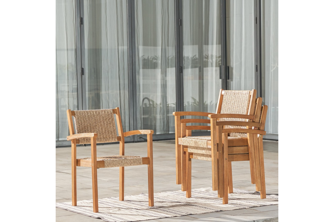 22" Set of Two Natural Wood and Rattan Indoor Outdoor Dining Chairs Stackable to Save Space