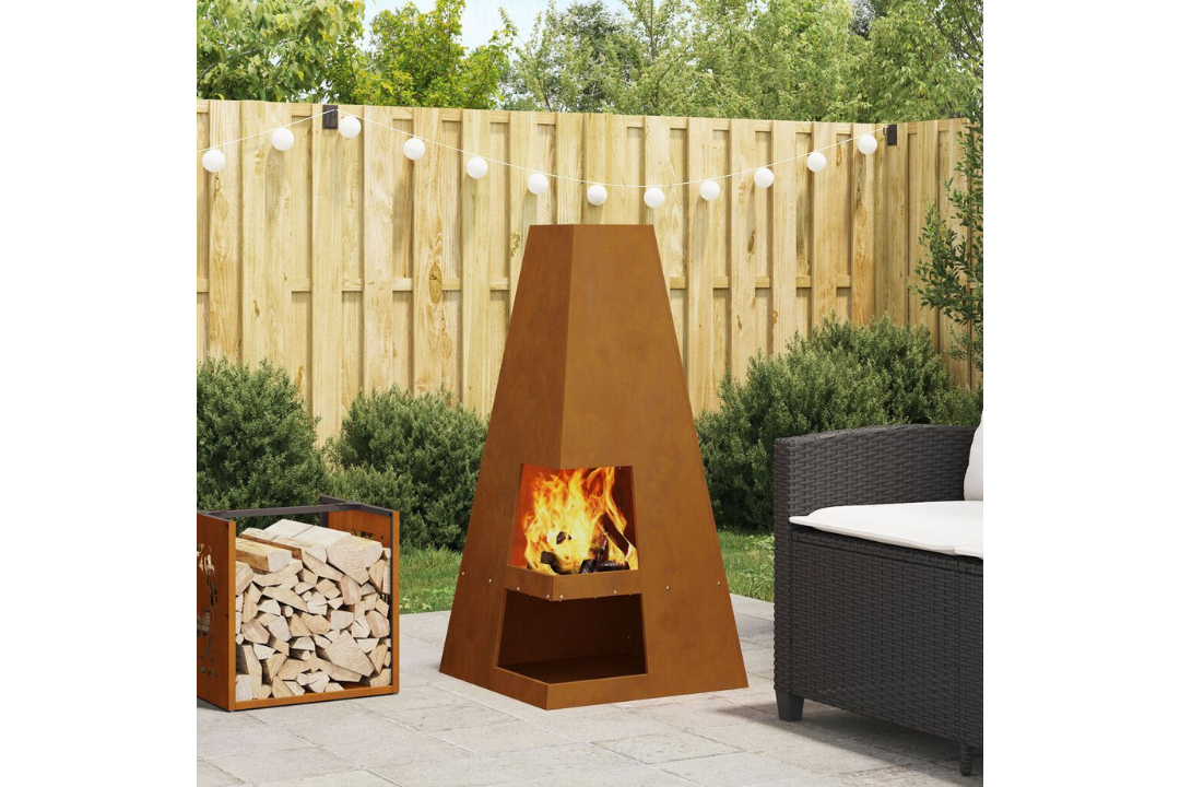 Fire Pit with Log Storage 50 x 50 x 100 cm in Rusty Brown Weathering Steel