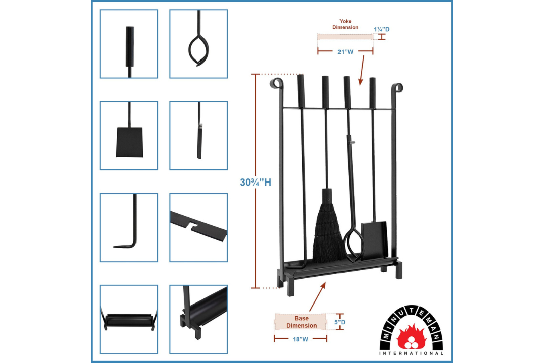 Bedford Inline Wrought Iron Fireplace Tool Set with Ash Pan – Black Finish Specifications