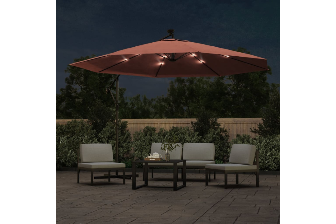 Cantilever Garden Parasol with LED Lights and Metal Pole 350 cm at Night in Terracotta