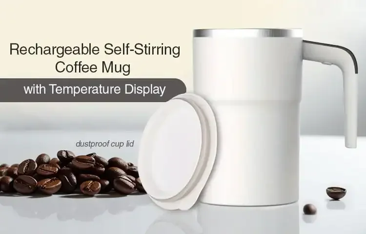 White Self-Stirring Coffee Mug – Rechargeable Travel Tumbler with Temperature Display