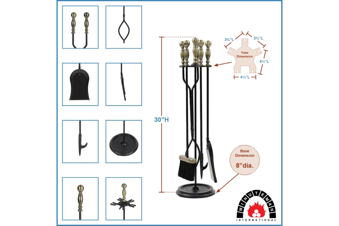 Sutton Fireplace Tool Set in Antique Brass and Black Powder Coated Finish Specifications
