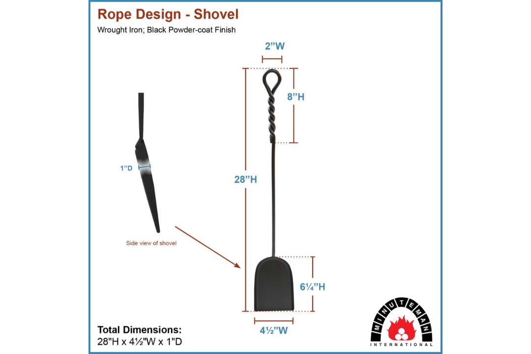 28-Inch Shovel Wrought Iron Fireplace Tools with Rope Handles – Black Finish Specifications