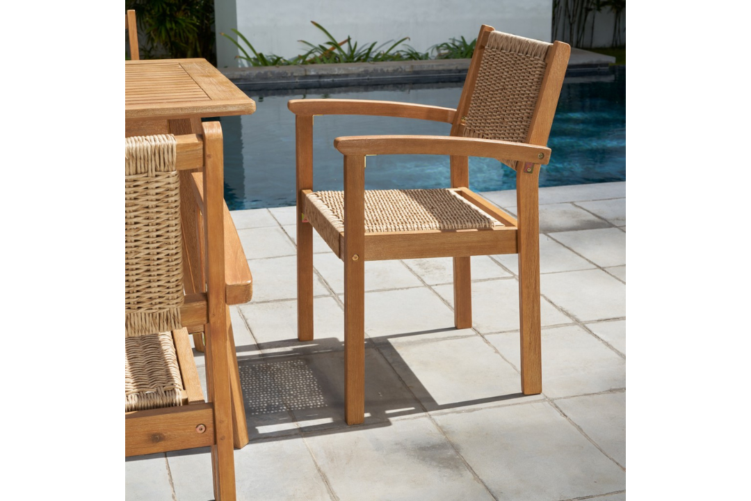 22" Set of Two Natural Wood and Rattan Indoor Outdoor Dining Chairs UV-Resistant
