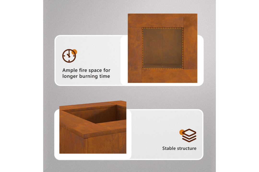 Square Fire Pit 80 x 80 x 40 cm in Rusty Brown Weathering Steel Features