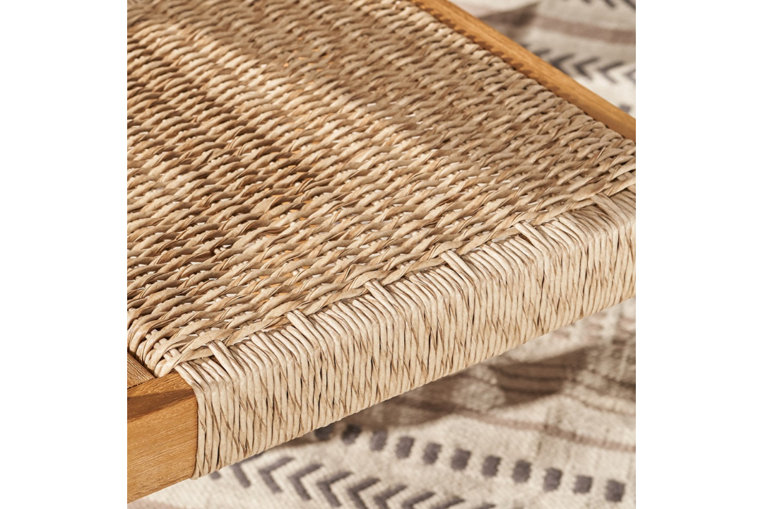 22" Set of Two Natural Wood and Rattan Indoor Outdoor Dining Chairs Woven Rattan Details