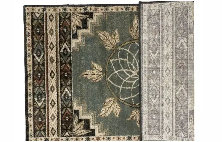 Vista Ancient Sign Green Rectangular Olefin Hearth Rug Folded Back To Give View Of Backside