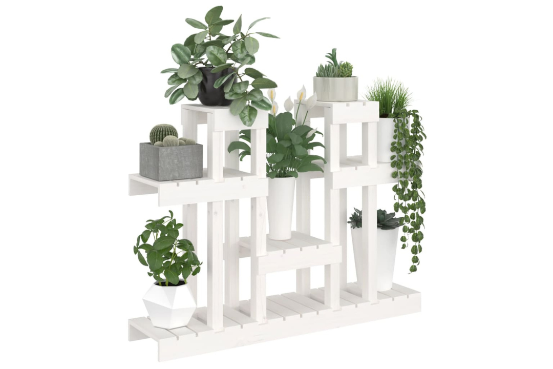 Stable Plant Stand Multi-Tier Shelf for Indoor & Outdoor Plants 104.5x25x77.5 cm Made of Solid Wood Pine in White