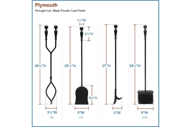 Plymouth Fireplace Tool Set – Cast & Wrought Iron, Black Powder-Coated in Square Base Detailed Information