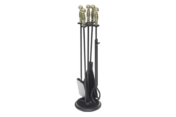 Chelmsford Fireplace Tool Set in Black & Antique Brass Made of Wrought and Cast Iron