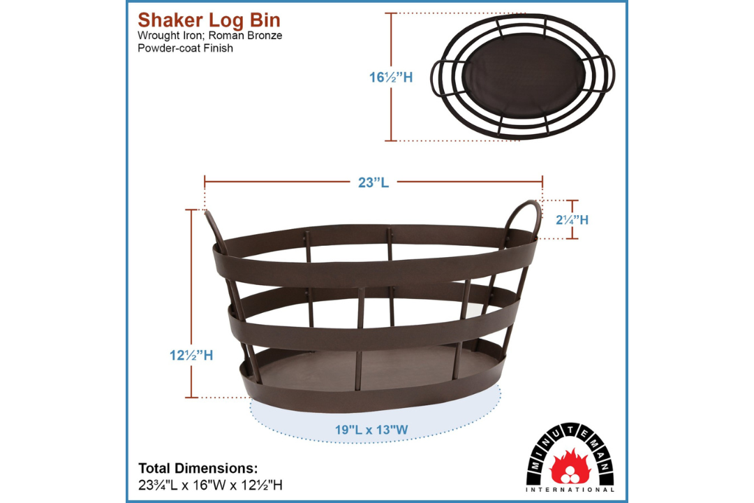 Shaker Log Bin in Roman Bronze Powder Coated Finish Specifications
