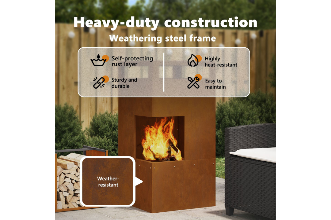 Heavy-Duty Fire Pit 50 x 50 x 100 cm Steel in Rusty Brown Weathering Steel
