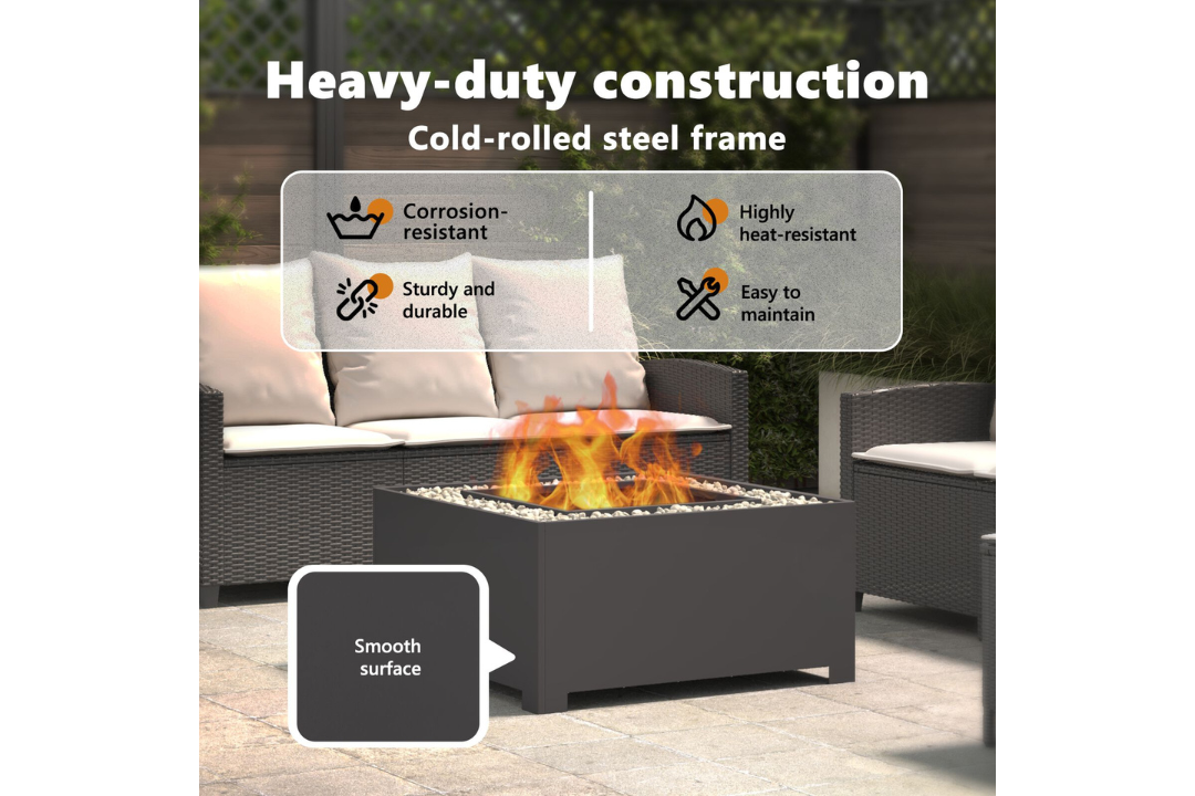 Heavy-Duty Fire Pit Square 80 x 80 x 40 cm in Black Cold-Rolled Steel