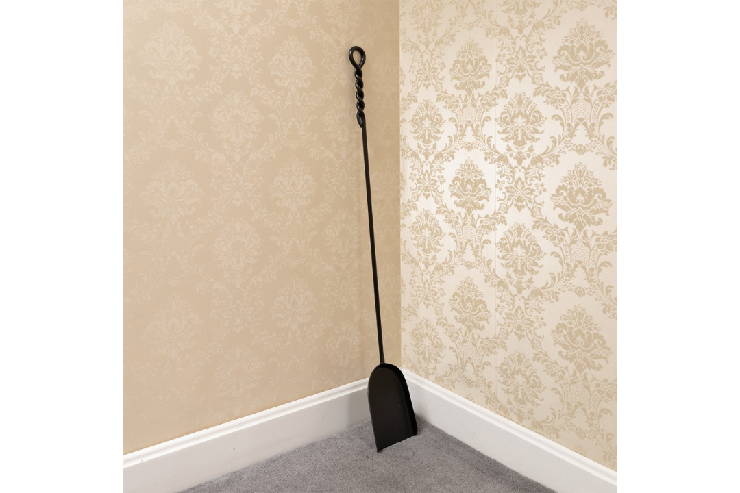 Extra Long Shovel Wrought Iron Fireplace Tools with Twisted Rope Handles and Black Powder Coated Finish