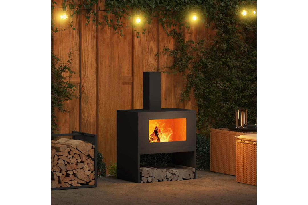 Fire Pit with Chimney 60 x 40 x 96 cm in Black Cold-Rolled Steel in Use at Night