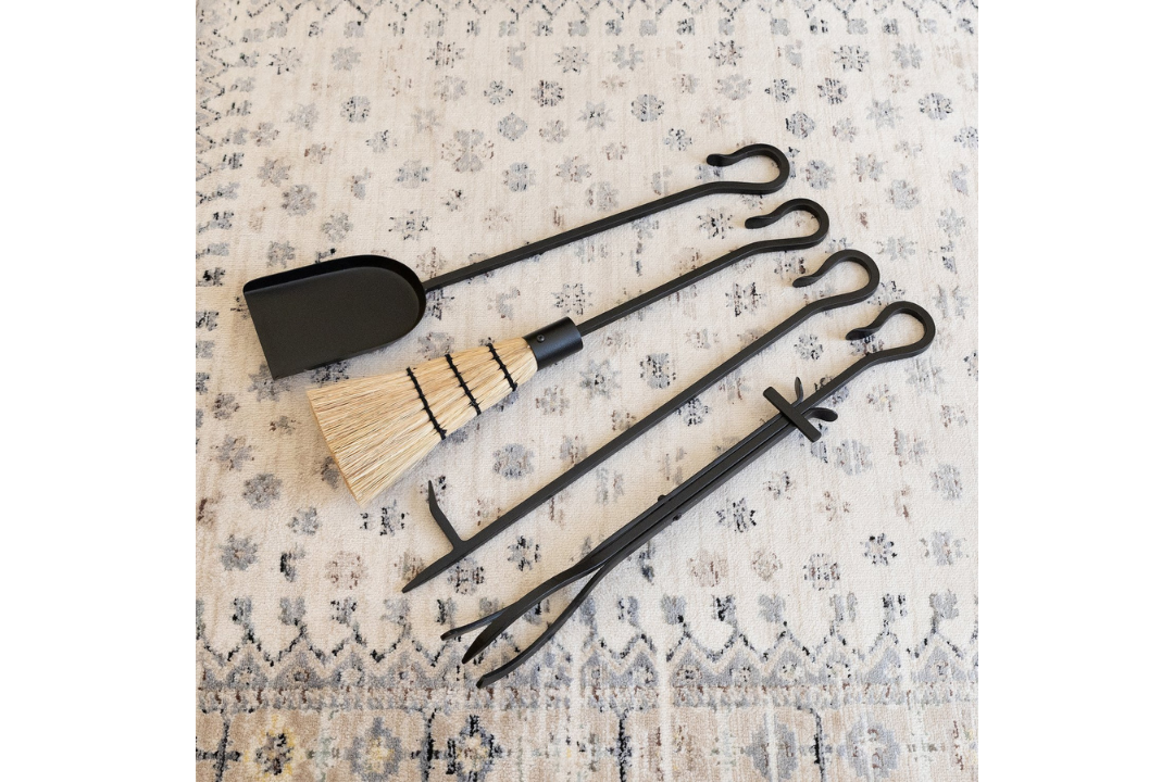 Minimalist Shepherd's Hook Inline Fireplace Tool Set – Wrought Iron with Ash Pan