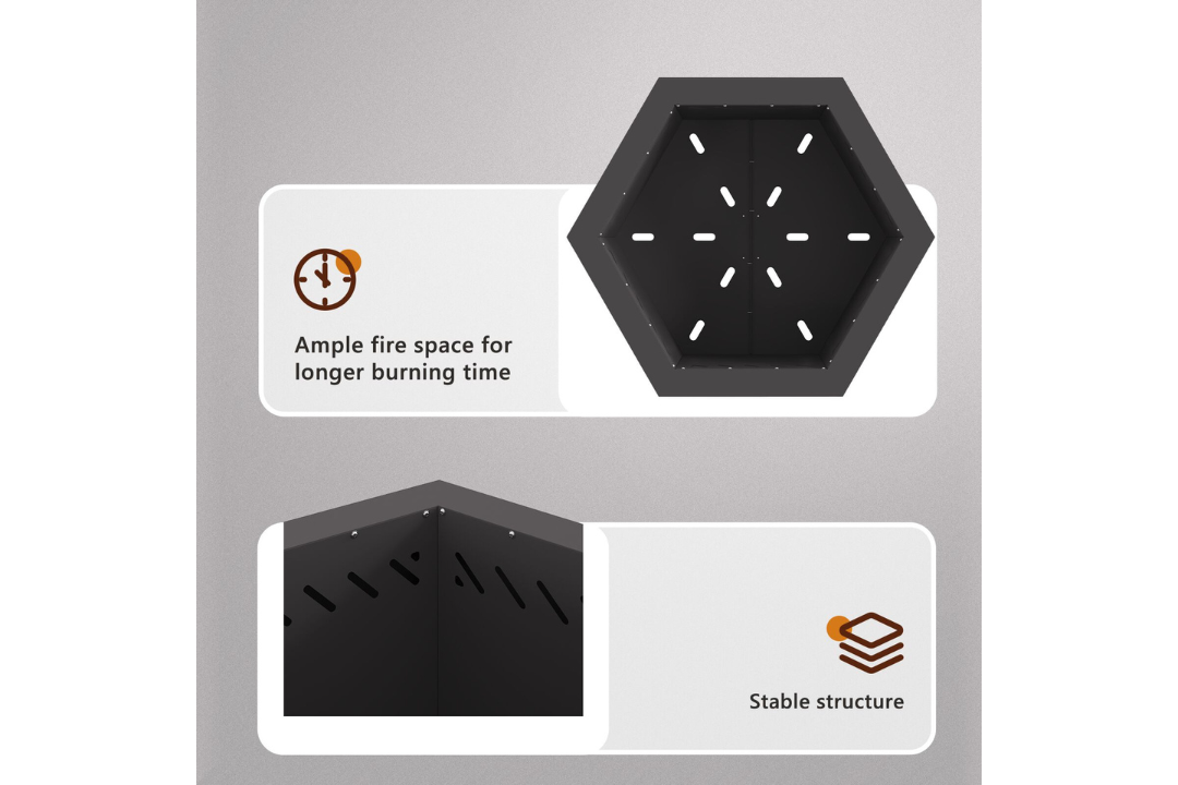 Smokeless Fire Pit Hexagonal 48 x 48 x 51 cm in Black Cold-Rolled Steel Features