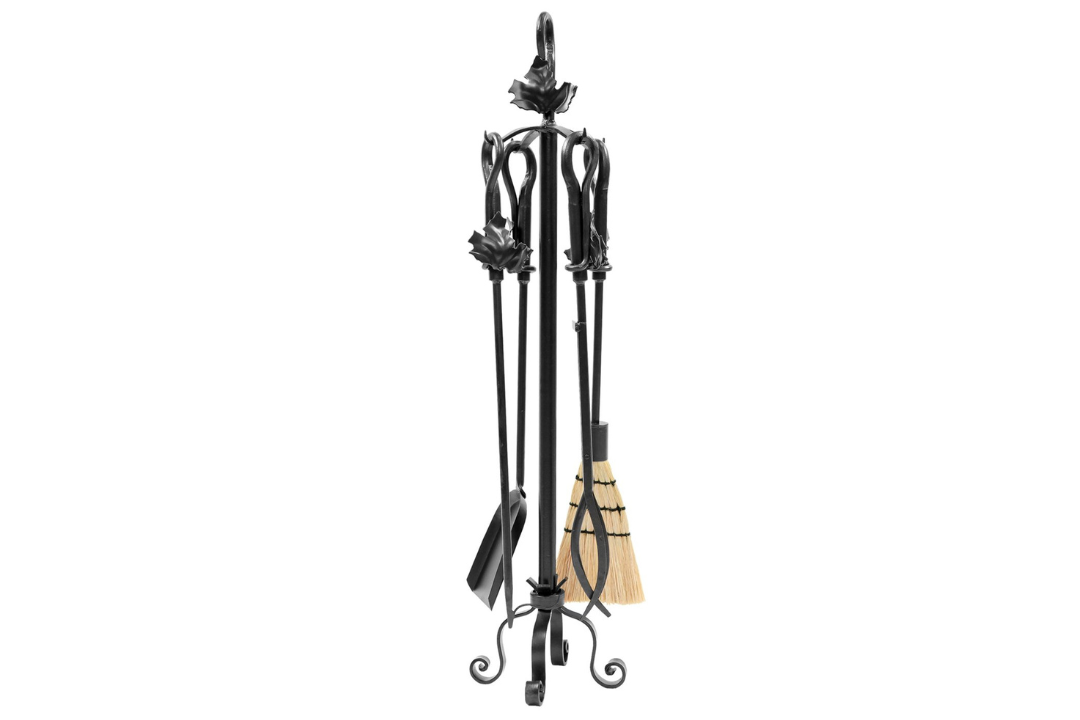 Maple Leaf Fireplace Tool Set – 35” Made from Wrought Iron in Graphite