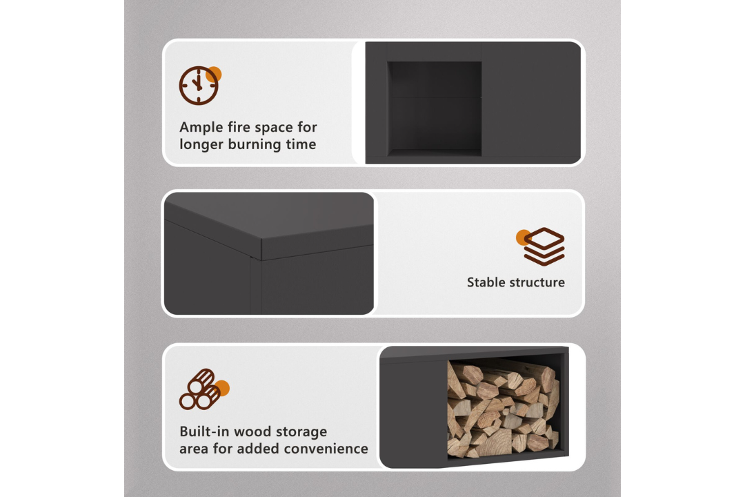 Fire Pit with Log Storage 100 x 100 x 30 cm in Black Cold-Rolled Steel Features