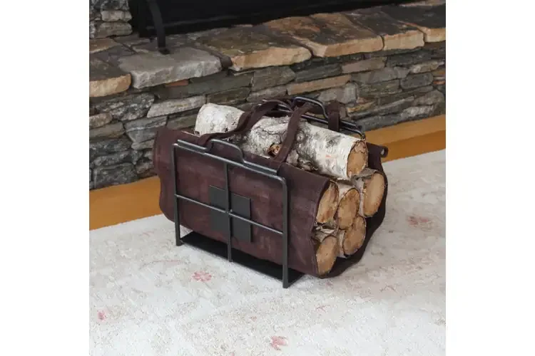 Wright Design Wood Holder with Suede Log Carrier Made from Wrought Iron
