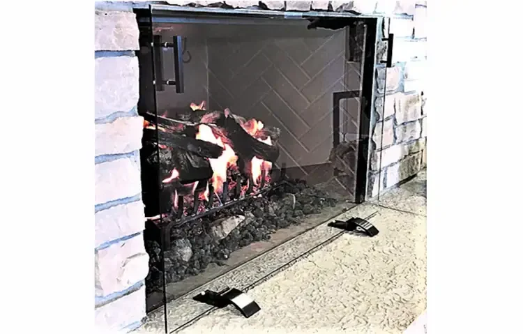 Glass Fireplace Screen Flat Black Handle & Feet Side View
