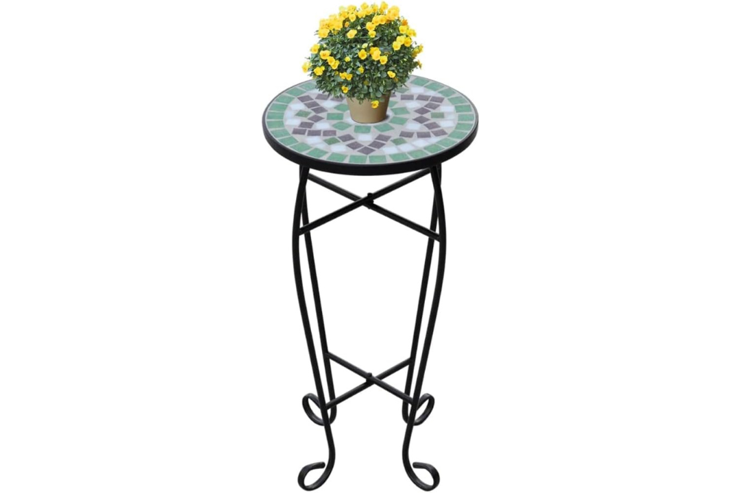 Mosaic Side Table Plant Table in Green-White With Ceramic Tile Top