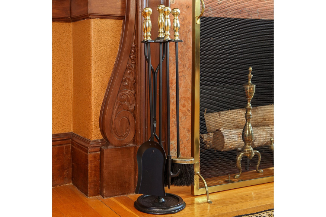 Sutton Fireplace Tool Set in Polished Brass and Black Powder Coated Finish