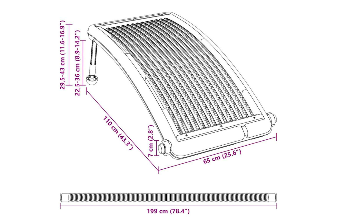 2 x Solar heater 2 x Hose 4 x Hose clamp 4 x Connector (38 mm) 4 x Seal 4 x Screw cap with 2 Panels Specifications