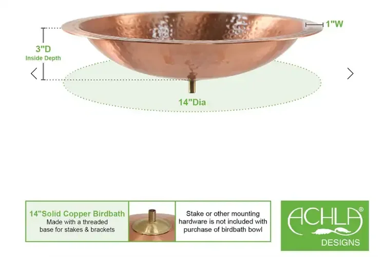 14" Hammered Solid Copper Birdbath Bowl – Rust-Free, Satin Finish Specifications