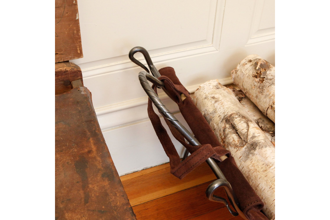 Functional Folding Wrought Iron Log Holder with Suede Firewood Carrier – Leaf-End Design