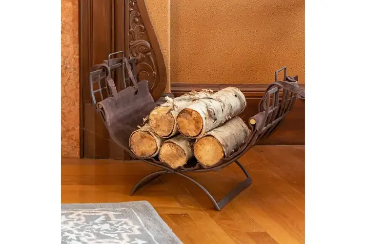 Arts & Crafts Log Holder with Suede Carrier – Folding Wrought Iron Rack