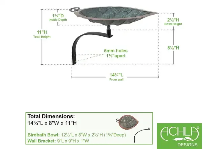 Aspen Leaf Birdbath & Wall Mount Bracket Specifications