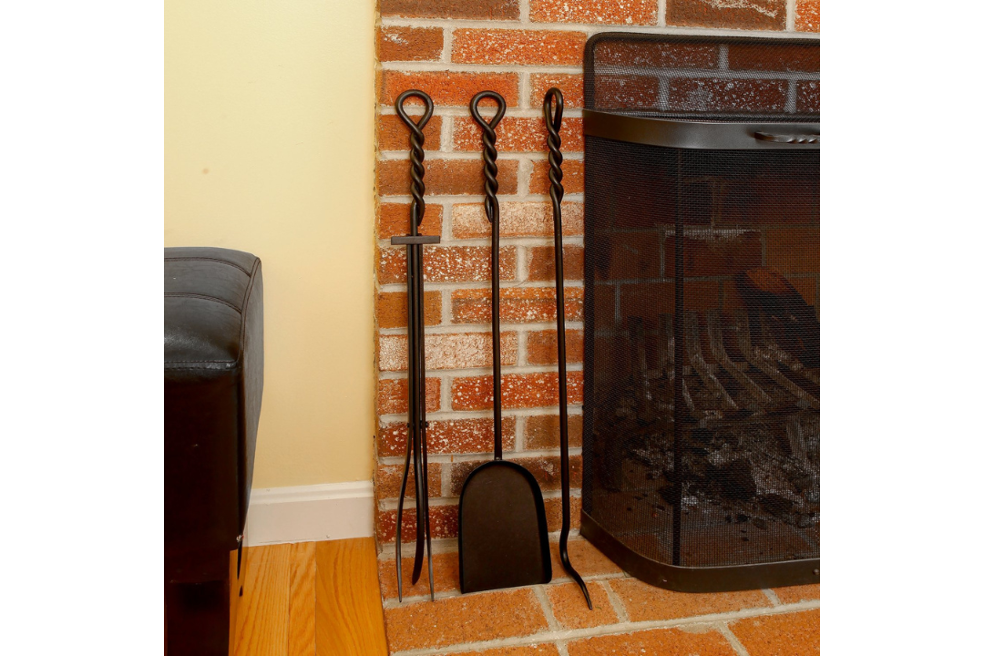 28-Inch Wrought Iron Fireplace Tools with Rope Handles – Black Finish