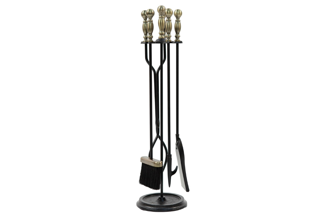 Sutton Fireplace Tool Set in Antique Brass and Black Powder Coated Finish Made of Wrought Iron