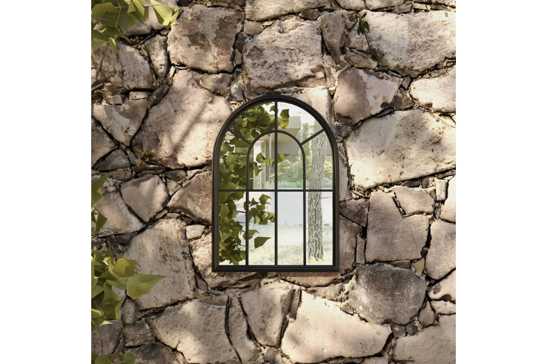 Vintage Arched Outdoor Garden Wall Mirror 60 x 45 cm in Black Made of Iron and Glass