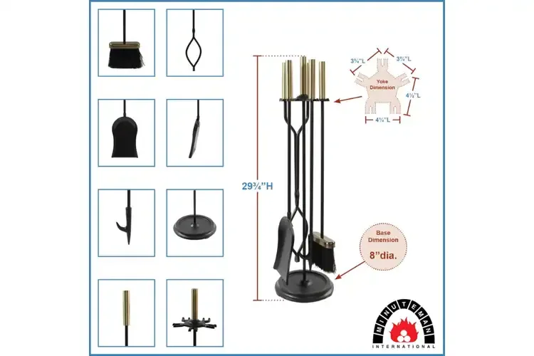 Neoclassic Fireplace Tool Set in Black & Antique Brass Specifications