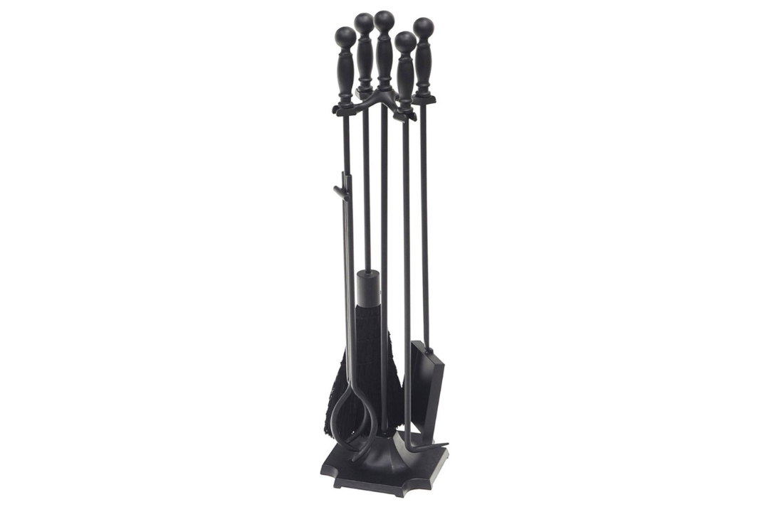Carlisle Fireplace Tool Set in All Black Made of Wrought and Cast Iron and Zinc Handles