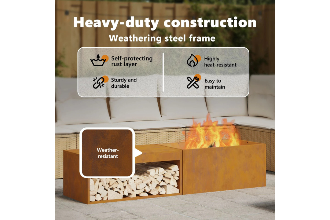 Heavy-Duty Fire Pit with Log Storage 160 x 45 x 35 cm in Rusty Brown Weathering Steel