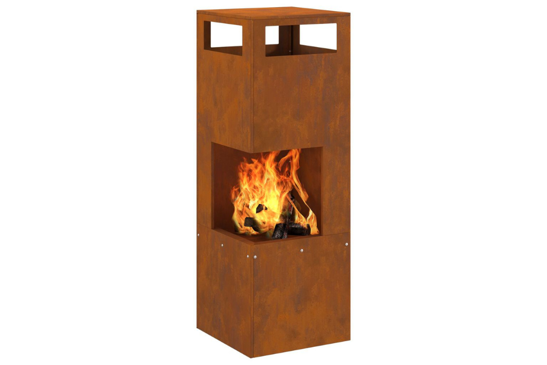 High-Quality Square Steel Fire Pit 35 x 35 x 100 cm in Rusty Brown Weathering Steel