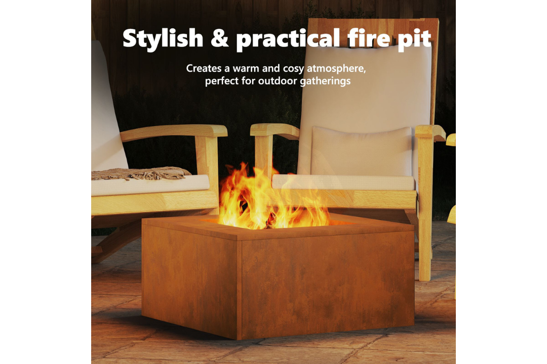 Stylish and Practical Square Fire Pit 60 x 60 x 30 cm in Rusty Brown Weathering Steel