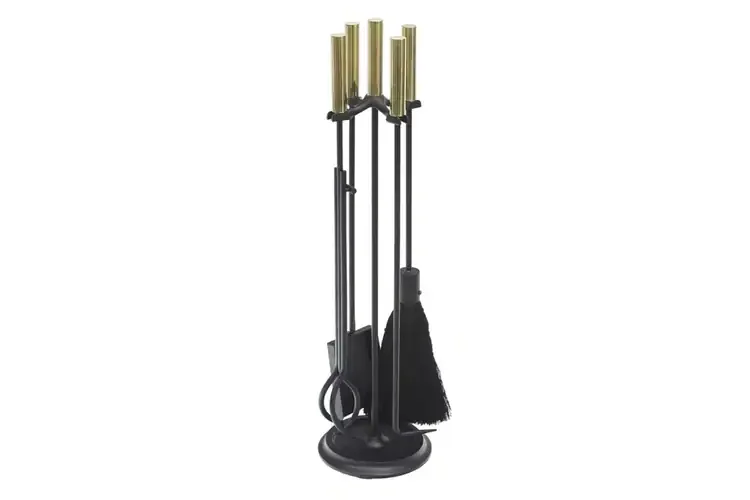 Bedford Fireplace Tool Set in Black and Polished Brass Made of Wrought Iron and Cast Iron